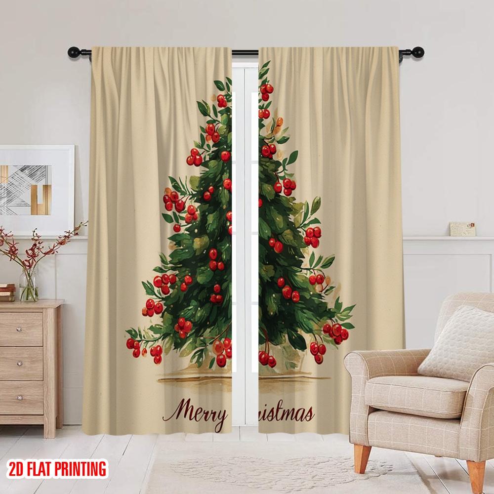 2pcs,2D Plane Printing Curtains&Window Treatment Charming Vintage Christmas Tree Versatile Fabric (without Rod) Art Deco Festive