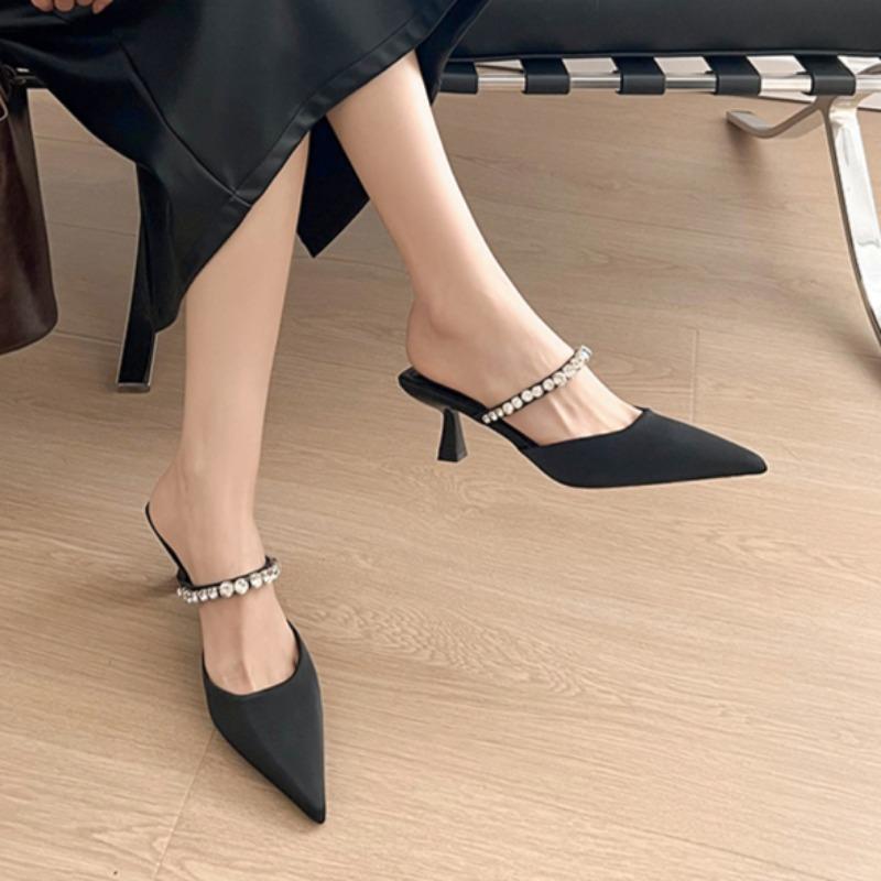 Fashion Baotou Sandals Spring New Pointed Head Shallow Mouth Crystal Fine Strap Anti-slip Wear-resistant Fine Heel Slippers