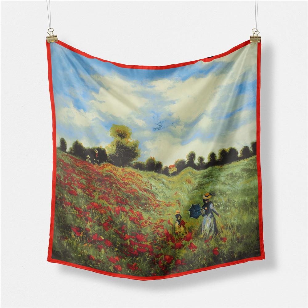 POBING Twill Silk Scarf Women Oil Painting Square Scarves Wraps Bandana Small Hijab Lady Foulards Tie Headband Neckerchief 53CM