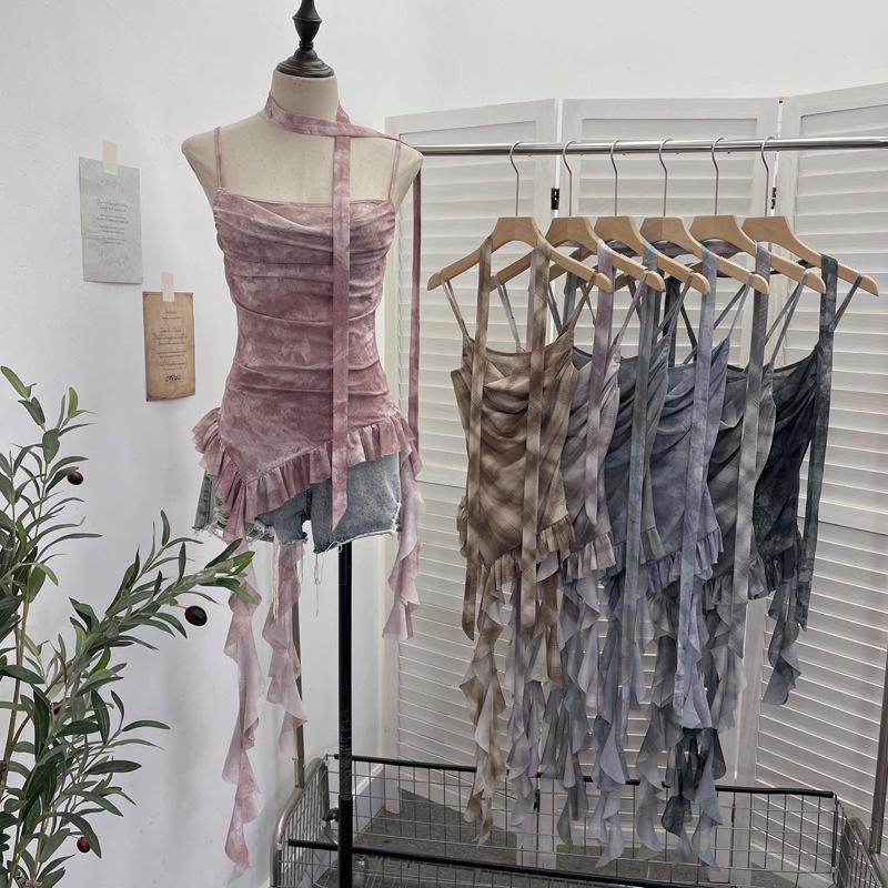 Gradient Print Irregular Ruffled Mesh Camisole Tank Top with Swing Neck and Sleeveless Design