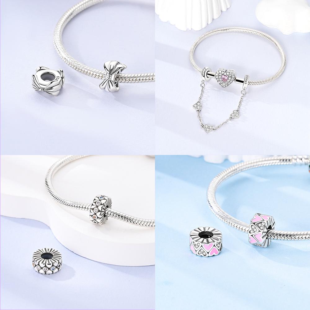 Rose Gold Pink Zircon Love Heart Beads Fit Bracelet Charms Copper Original Jewelry Women Diy Accessories