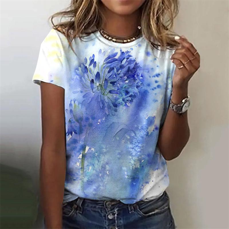 Dámská trička Letní móda 3d Květiny Potisk Krátký rukáv Top Dámské Oblečení O Vršek Trička Trička Harajuku Žena