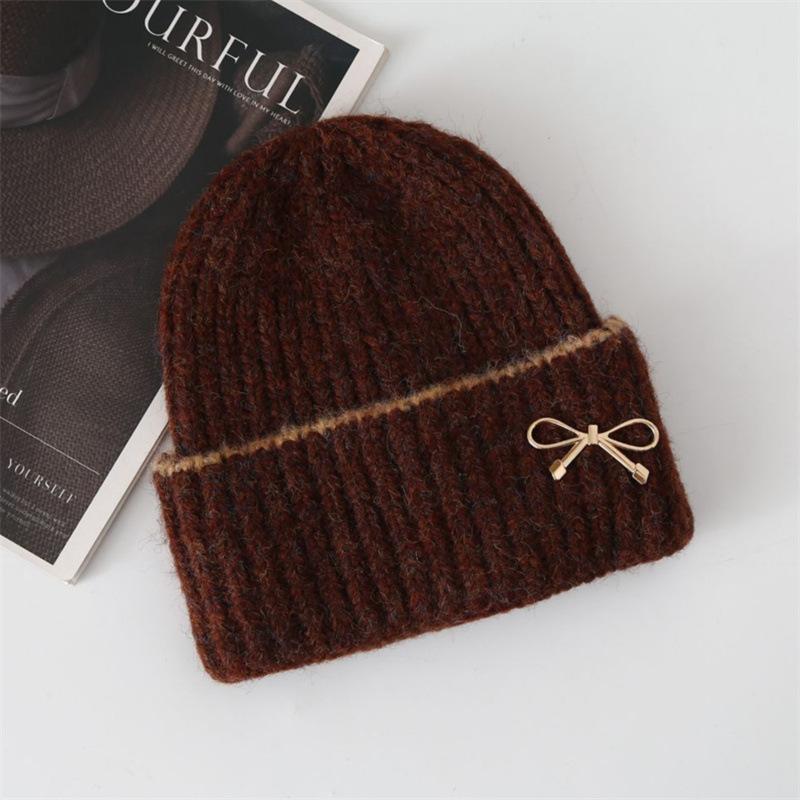 New autumn and winter women's bow knitted hat big head circumference thickened warm ear protector wool hat shows small face cold hat