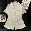 Summer Short-Sleeved Pajamas Women'S Simple Striped High-End Ice Silk Satin Can Be Worn Outside Loungewear Suit