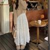 Fleece-Lined Lace Tiered Long Skirt – Cream/Black, From Korea