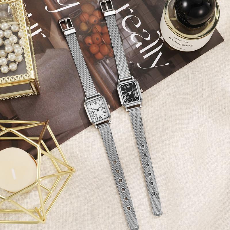 Retro small square plate temperament student watch niche high-end metal mesh belt watch women's quartz watch
