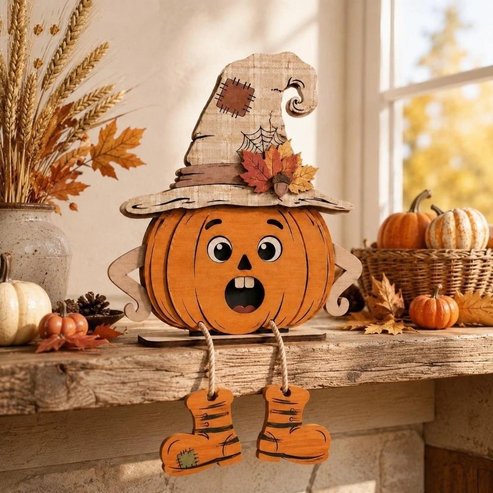 3Pcs Vintage Pumpkin-Shaped Wooden Ornaments 2D Flat Face Pumpkin Display Decor Holiday Gifts