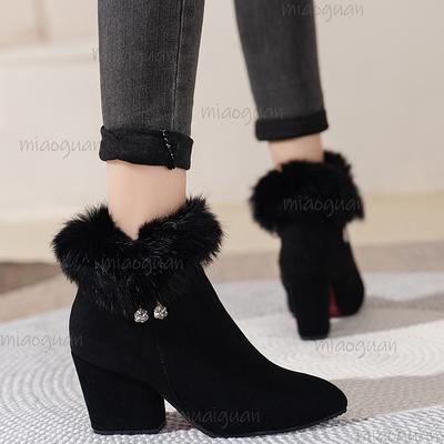 Women's Winter Furry Pointed Toe Chunky Heel Ankle Boots Mid Heel Fashion Warm Plush Short Boots Comfortable Casual Booties