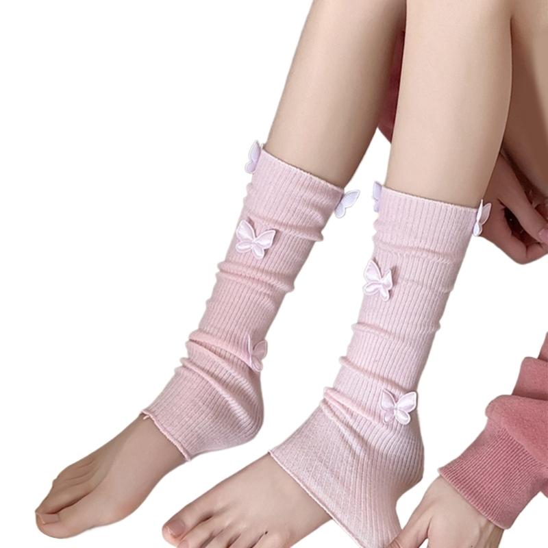 Womens Girls Ballet Style Ribbed Knit Stretch Leg Warmer Japanese Aesthetic Sweet 3D Butterfly Leg Cover Footless Socks