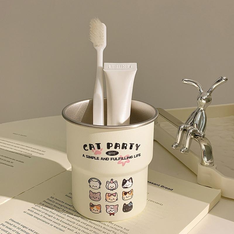 Cat Party Stainless Steel Coffee Cup, Cute Cartoon Cat Pattern Stackable Toothbrush Cup for Bathroom