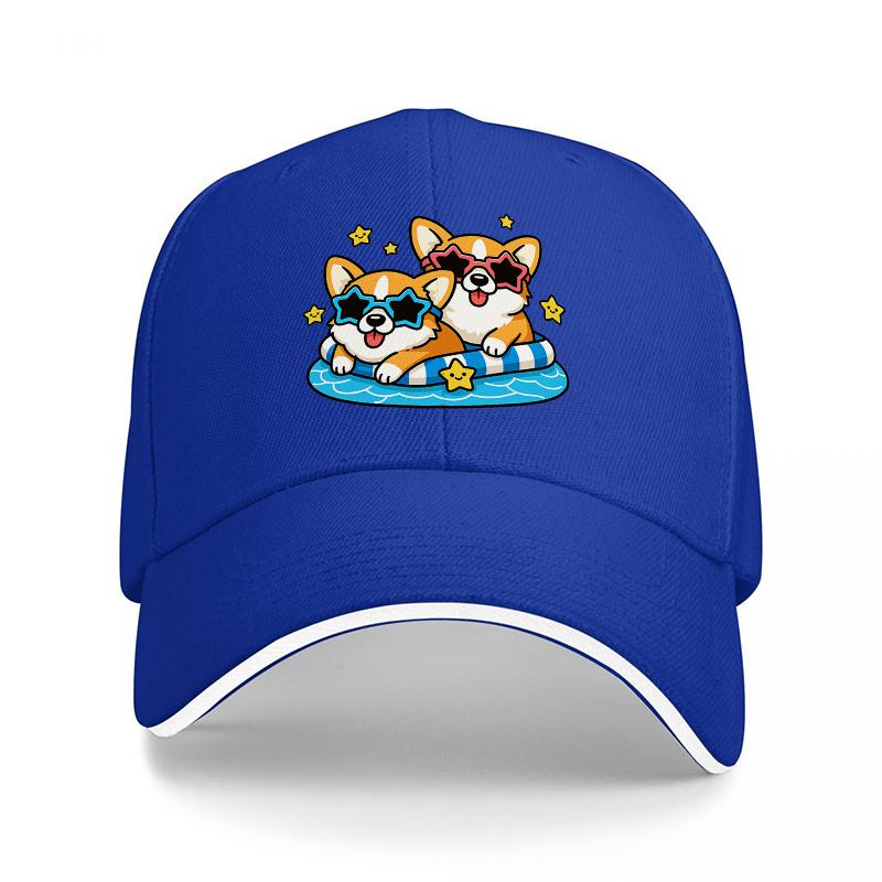 Corgi-Hunde-Sommer-Pool-Schwimmkappe, cooles Cartoon-Haustier-Sonnenbrillen-Design, schwarzer verstellbarer Hut für Erwachsene