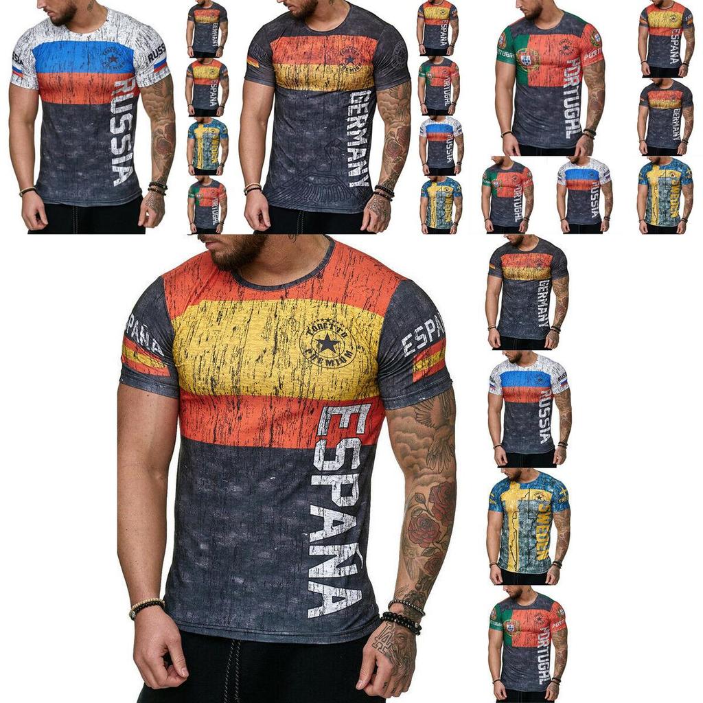 Men's Letter Print Gym T-shirt With Germany Sweden Portugal Russia Design Slim Fit