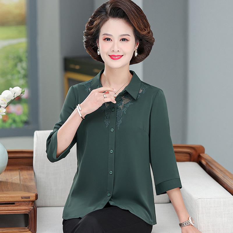 

Embroidered Silk Three-Quarter Sleeve Shirt for Mature Women L (80-100 lbs) темно-зелений колір