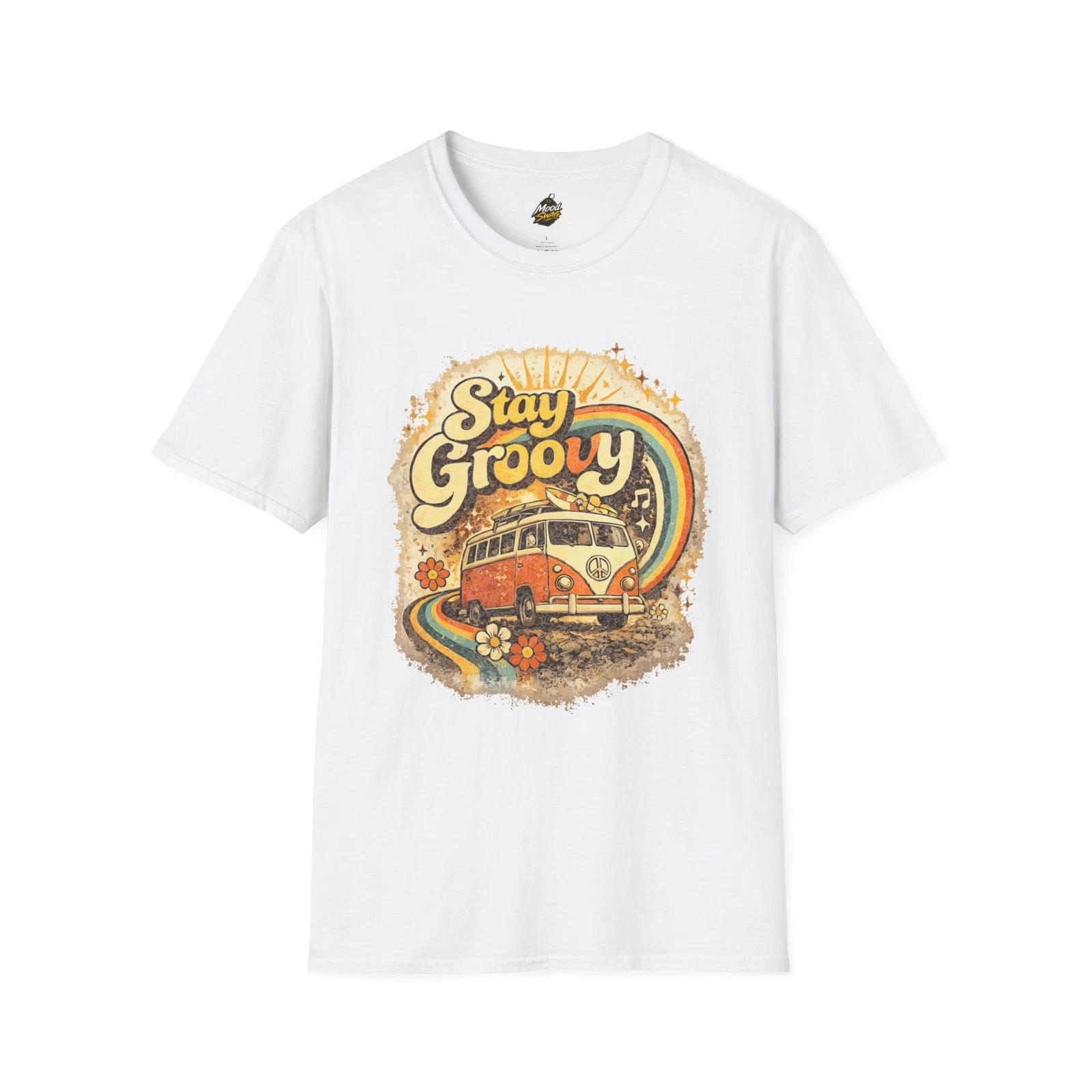 Stay Groovy Retro 70s T-Shirt Vintage Hippie Rainbow Graphic Tee L