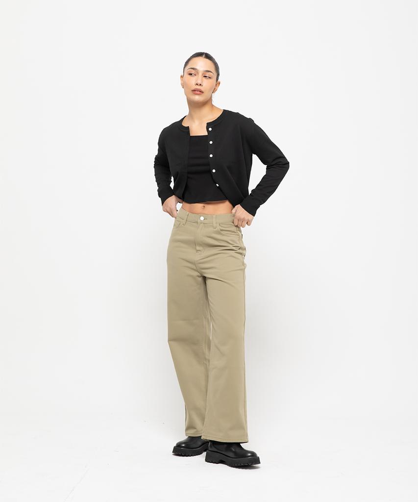CHAMBROS Women'S Semi-Wide Washed Denim Pants [Cotton Light Khaki]