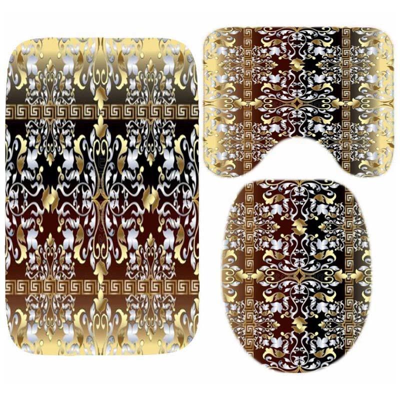 Luxury Black Gold Greek Key Meander Border Bath Rug Set Modern Geometric Ornate Bathroom Door Mat for Toilet Floor Carpet Decor
