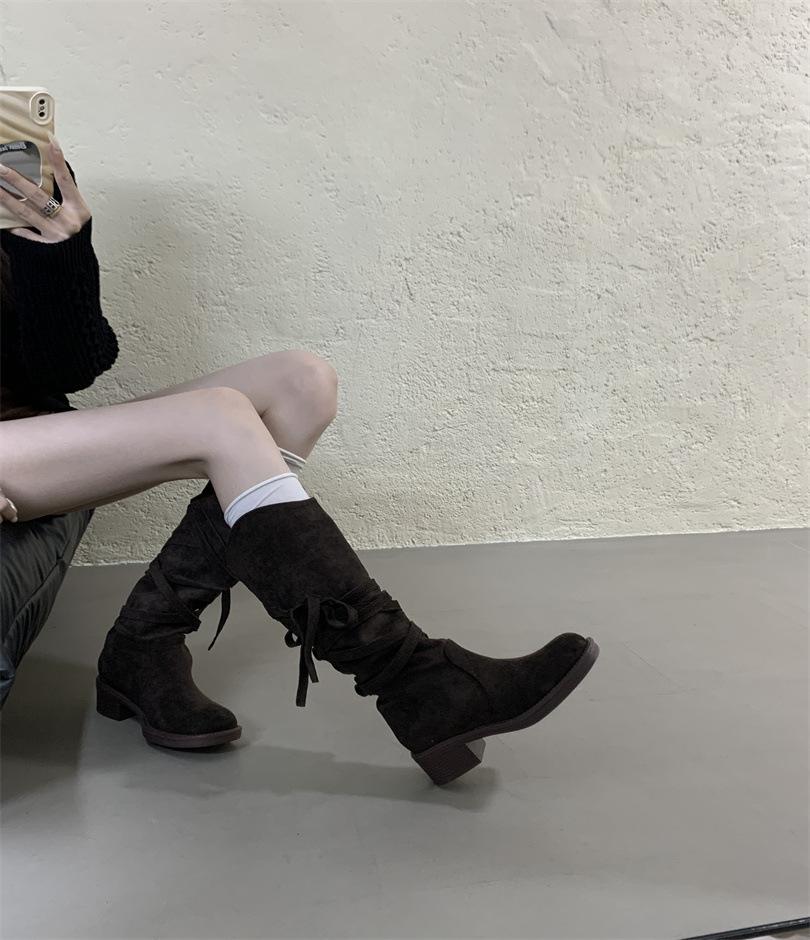 2025 Autumn New Wasteland Fringed Knight Boots Women's Thick Heel Medium Heel Tube Boots Stacking Boots
