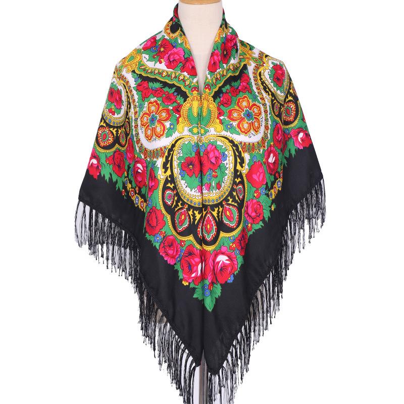 Women's Ethnic Print Summer Shawl - Large Square Scarf with Tassels for Travel & Photos