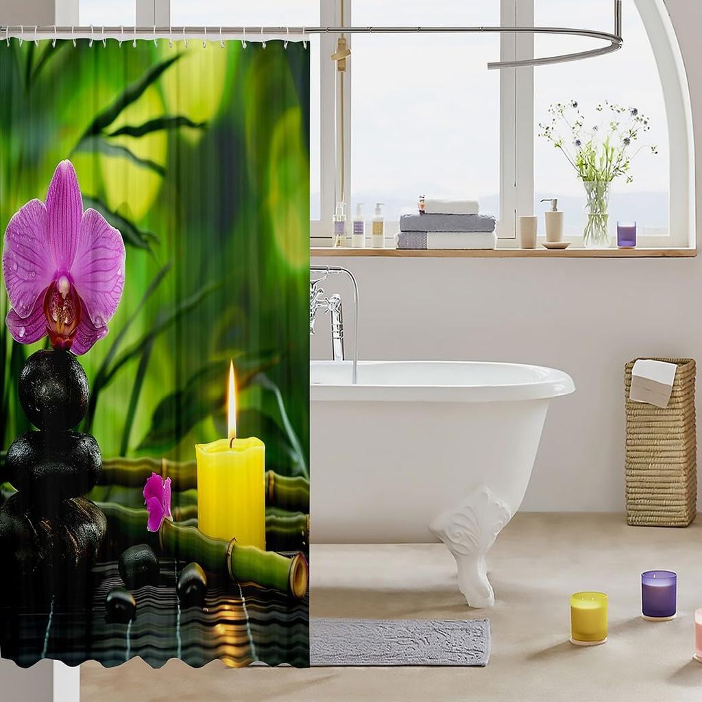 Zen Stones Shower Curtain Botancial Purple Phalaenopsis Bath Curtain For Kids Meditation Bathroom Fabric Shower Curtain Set