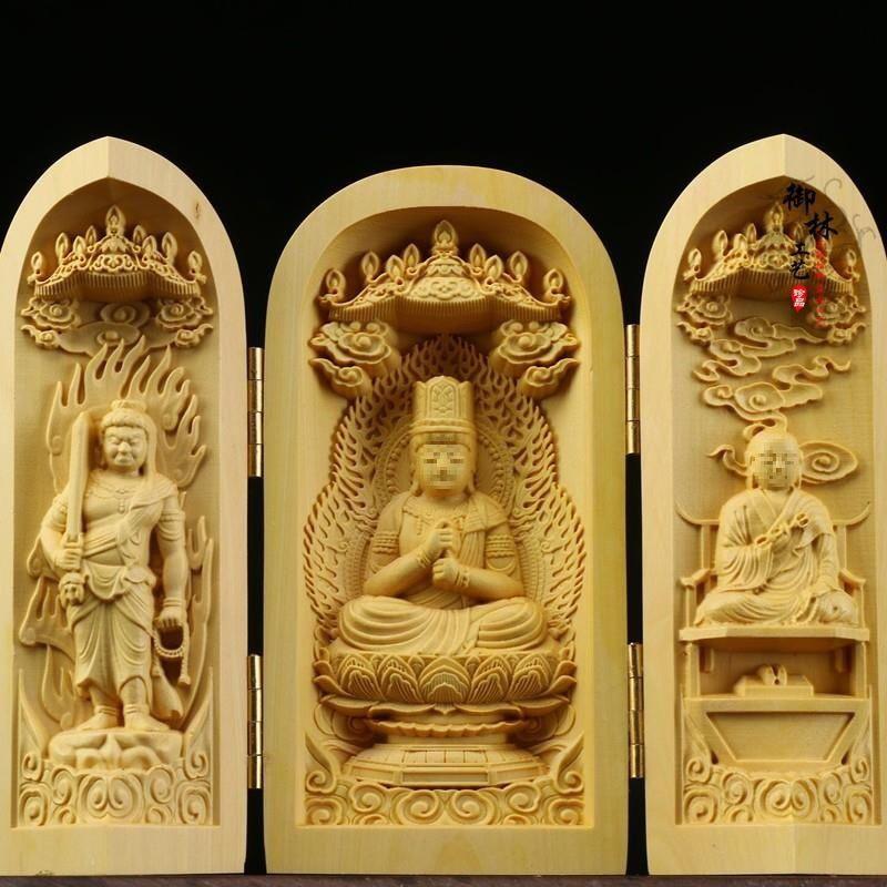 Boxwood Western Tři svatí Buddha Guanyin Masivní dřevo Přenosná třípanelová řezbovaná ozdoba