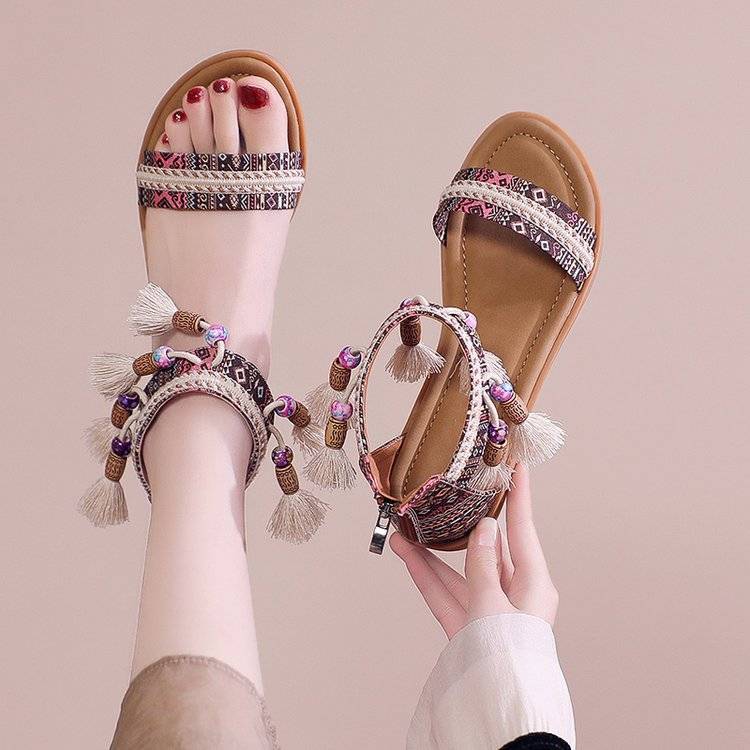 Embroidered Sandals Women's Summer Bohemian Ethnic Style Retro Tassel Roman Trootoe Travel Women's Shoes