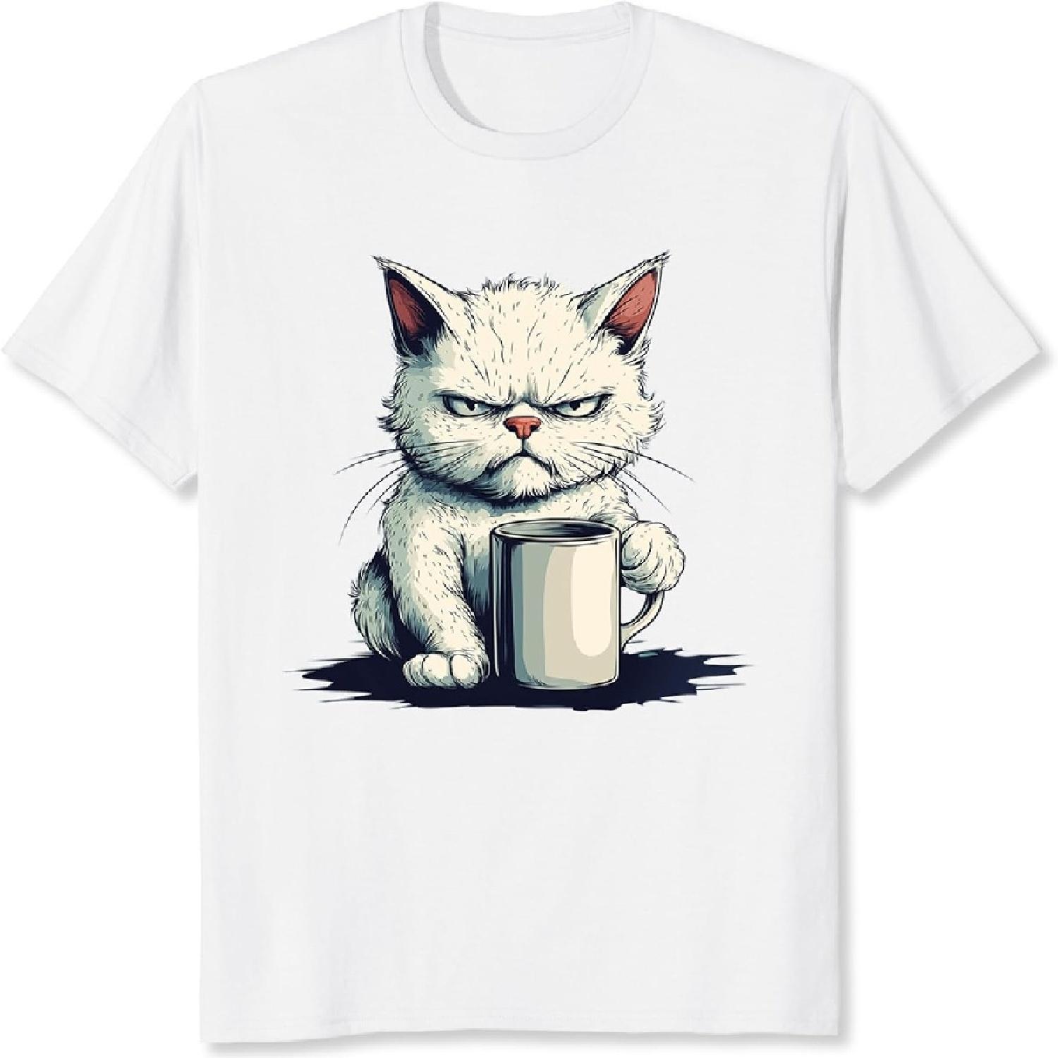 Cranky Coffee Cat Shirt for Men Gifts for Cat Dad Shirt Funny Graphic Tee S