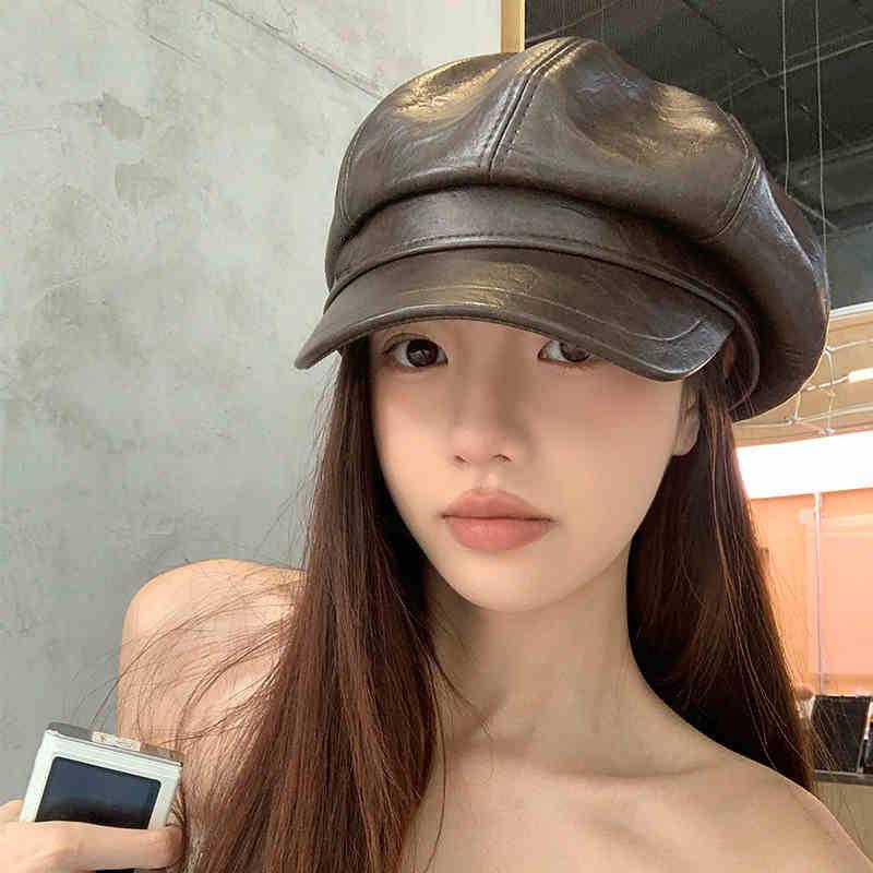 Leather duck tongue beret autumn and winter hat women's high-end octagonal hat versatile painter hat