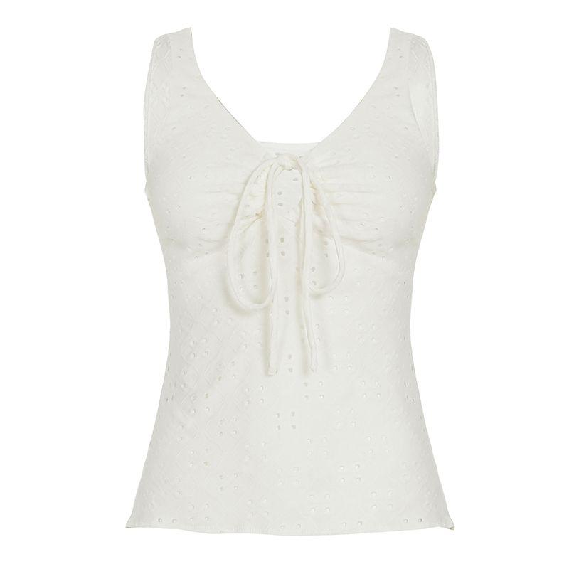 

H Home European and American Women s Clothing Pure Desire Niche Style Shoelace Jacquard Cut Out Pure Color Sling Retro Sexy Sexy Outerwear Top White S