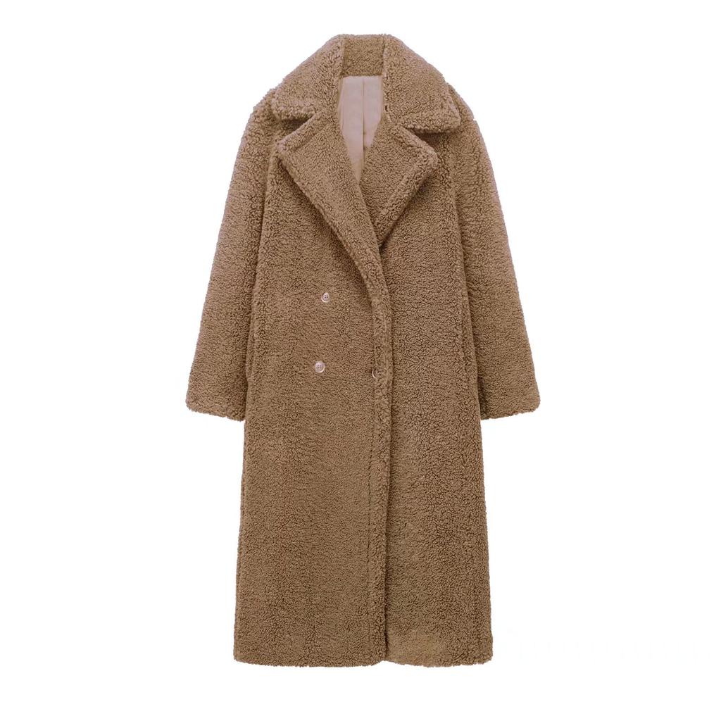 Vintage Teddy Long Coat Women Autumn Winter Lapel Chic Long Sleeve Double Breasted Big Jacket Woman Street Blend Overcoat