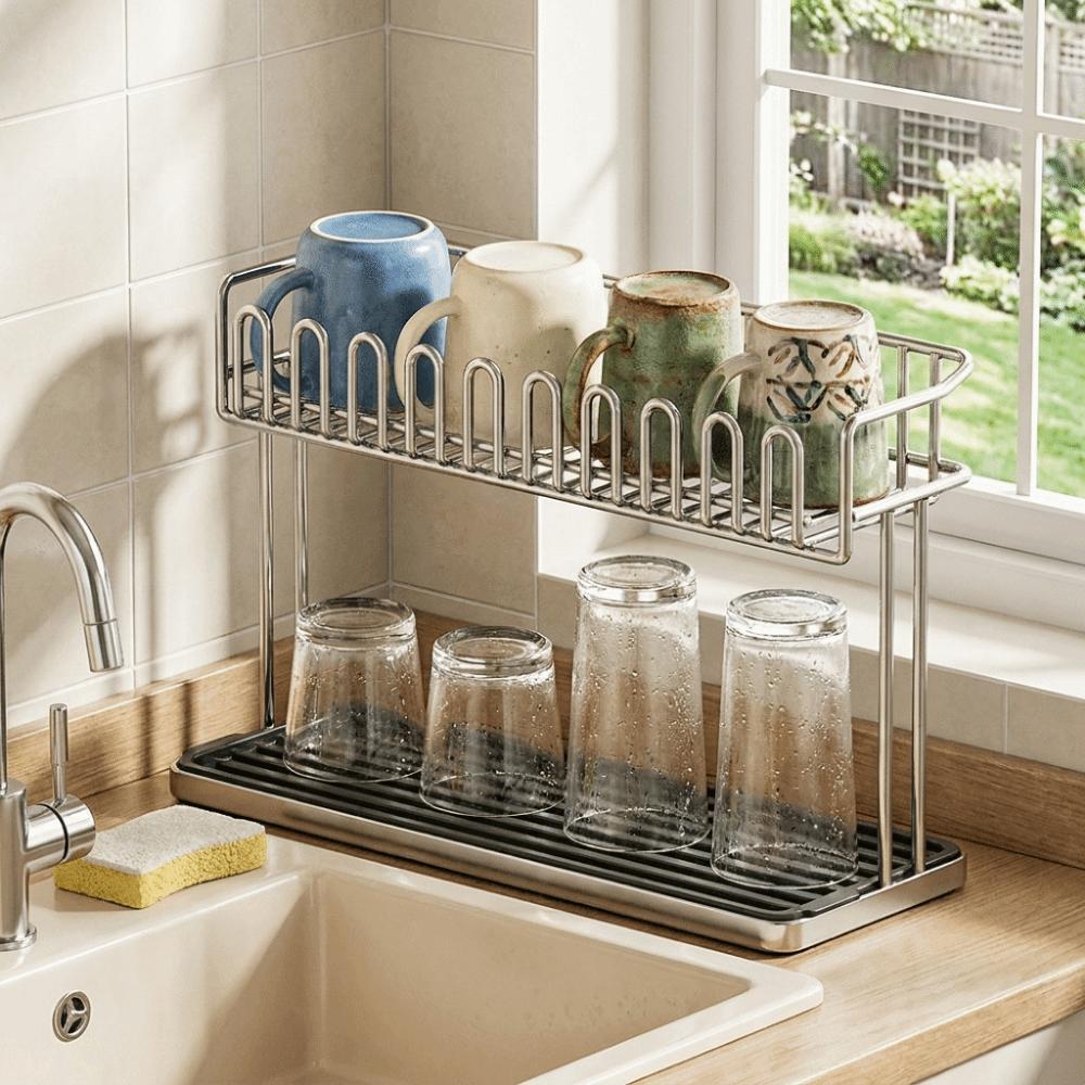 Stainless Steel Cup Storage Rack Anti-Fall Water Cup Holder Sink Storage Rack Office
