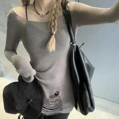 Korean Ripped Knit Shirt for Spring Vintage Style Long Sleeved Slim Fit, Medium To Long Length Versatile Top