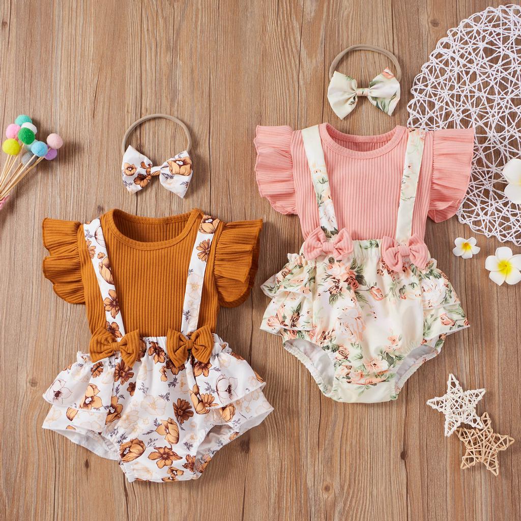 Toddler Baby Girls Solid Tops+Sunflower Floral Printed Suspender Shorts Outfits