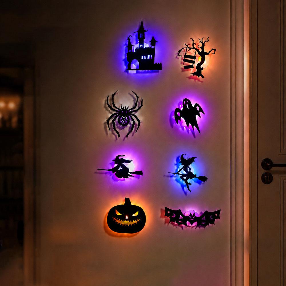 8PCS Halloween LED-Silhouette Wall Light Stickers Glow-In-The-Dark Bats Spiders Wall Decor Spookys Pumpkins Spiders Tree Decor