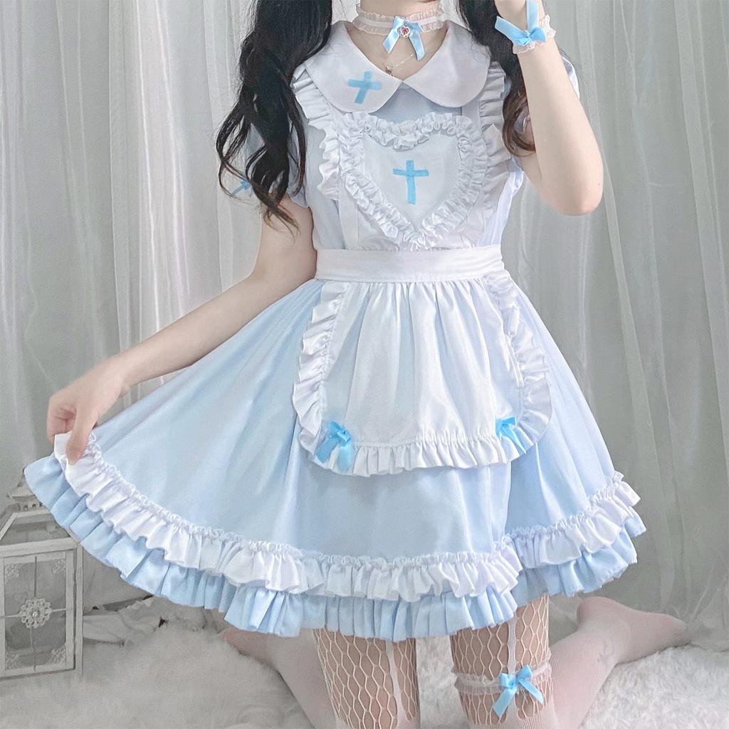 Japanese Classic Anime Maid Dress Cross Nurse Cosplay Maid Restaurant Uniform Pink White Dress Woman