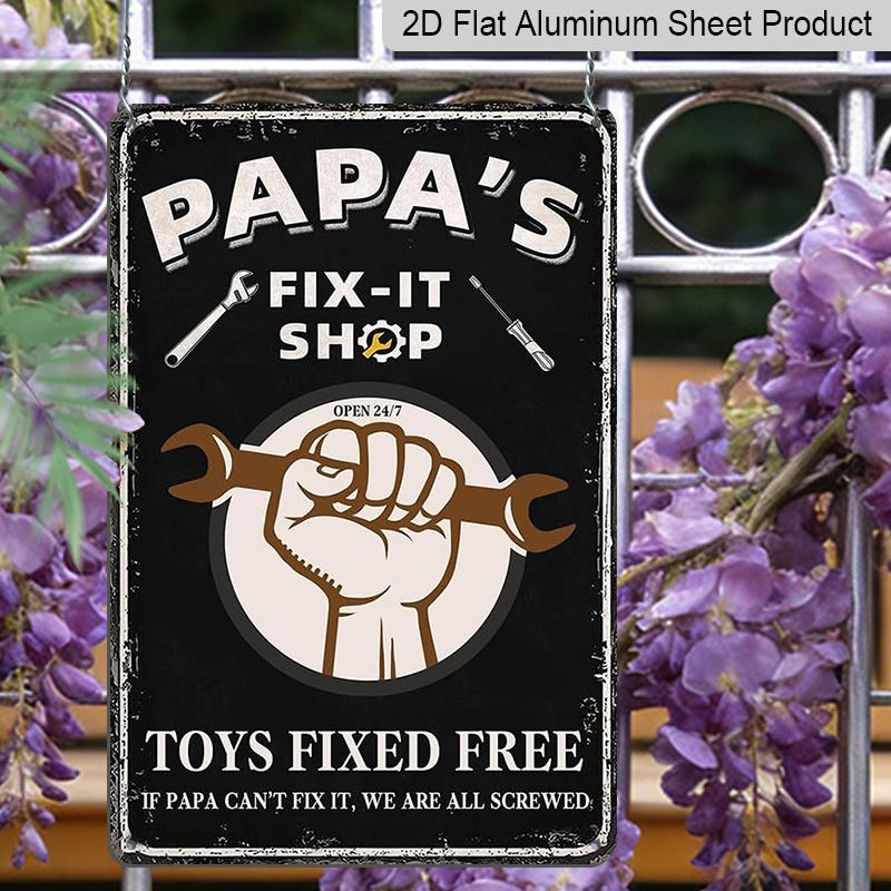 2D Flat, 1pc "Papa's Fix-It Shop" Aluminium Metal Wall Decor Sign - 8"x12" Vintage Garage Decor, Wrench & Tools Accent Wall Art, Perfect Father's Day