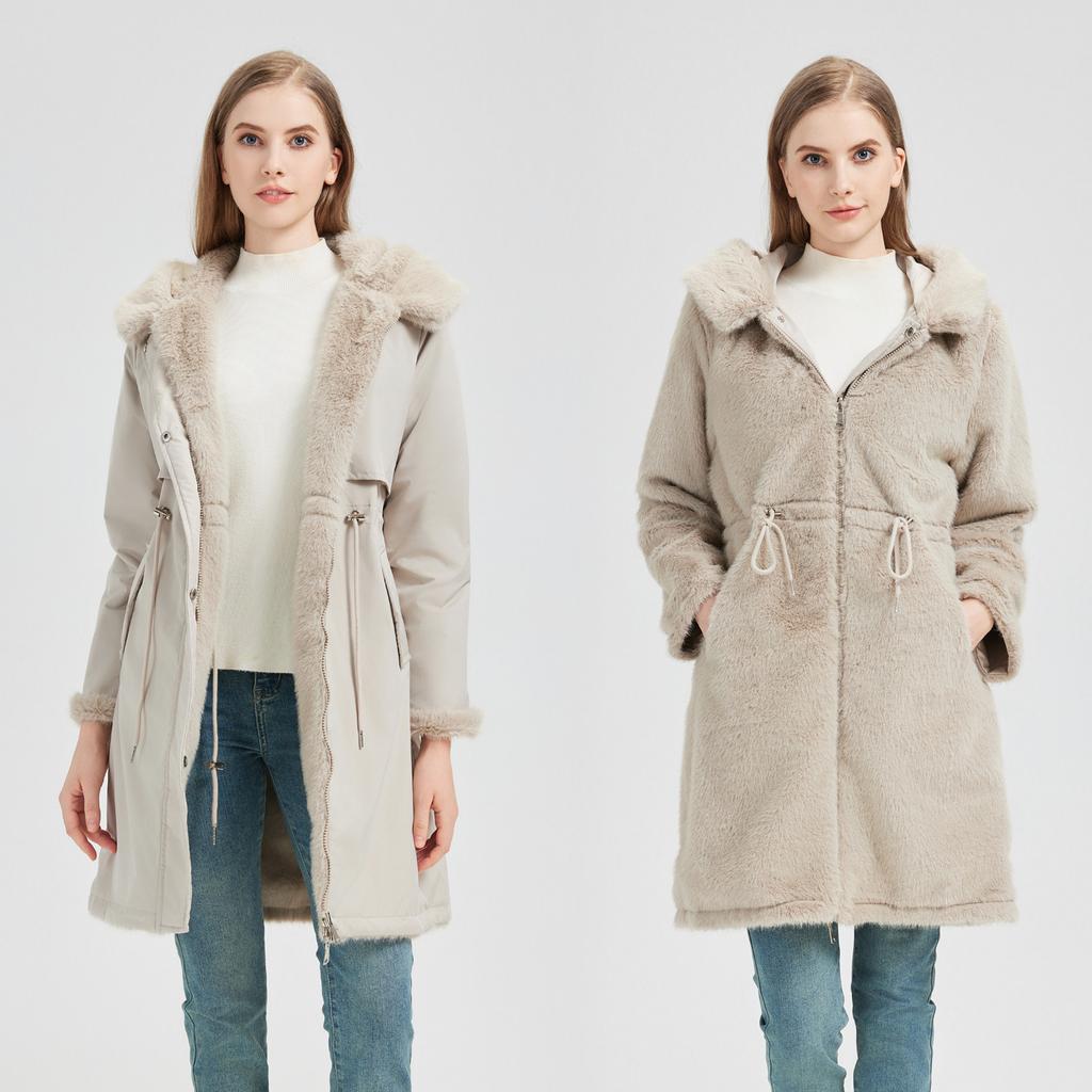 Two-sided Wearing Large Fur Collar Mid-length Fleece-lined Parkas Women's Cotton-padded Coat Thickened Jacket