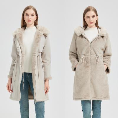 Parkas de Comprimento Médio com Gola de Pele Grande de Uso Duplo e Forro de Lã para Mulher Casaco Acolchoado de Algodão Jaqueta Espessa