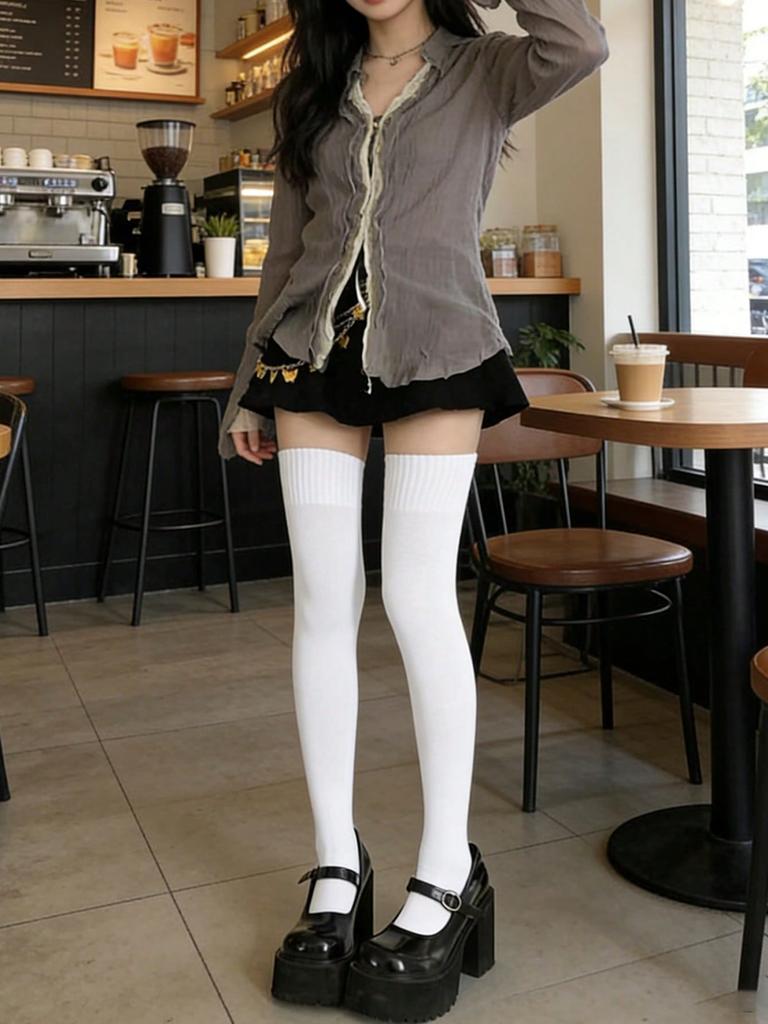 1/3/5 Pairs Women White Thigh High Socks Non-Slip Stretchy Knit Over The Knee Socks