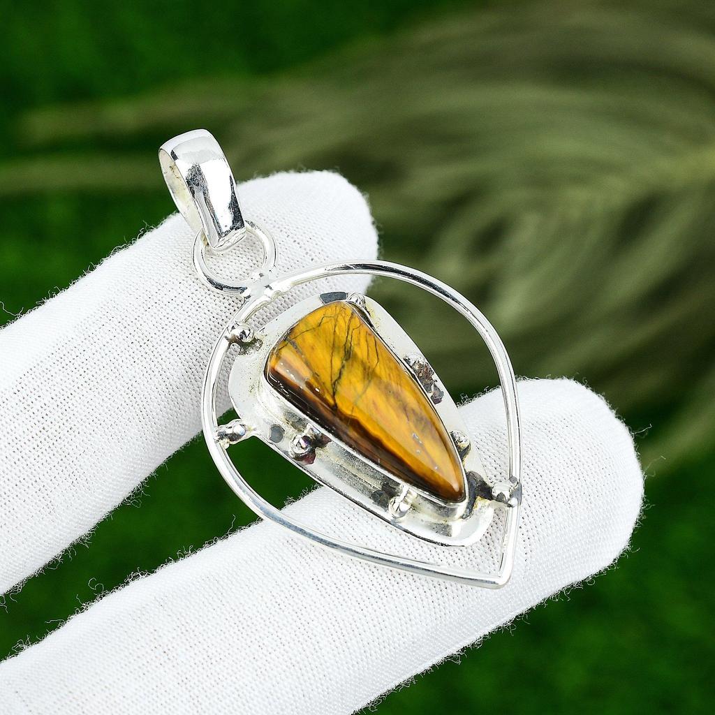 Natural Tiger Eye Gemstone Indian Jewelry 925 Sterling Silver Pendant For Girls