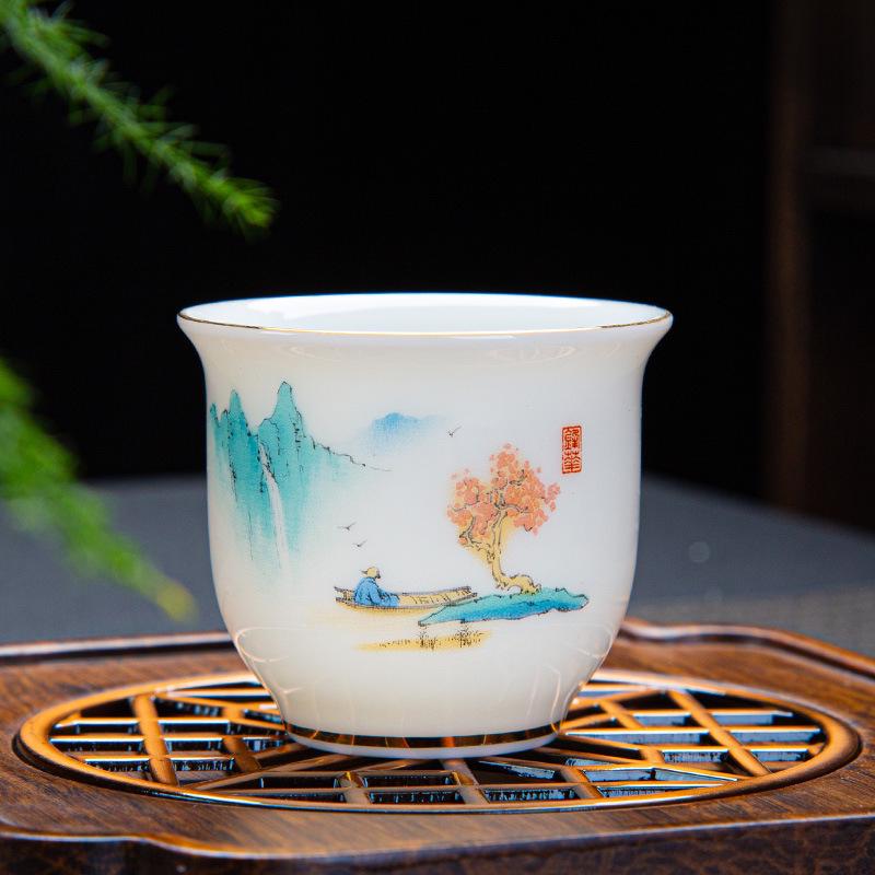 Sheep Fat Jade Ceramic Rose Tea Tasting Teacup, Personal Use Gongfu Set