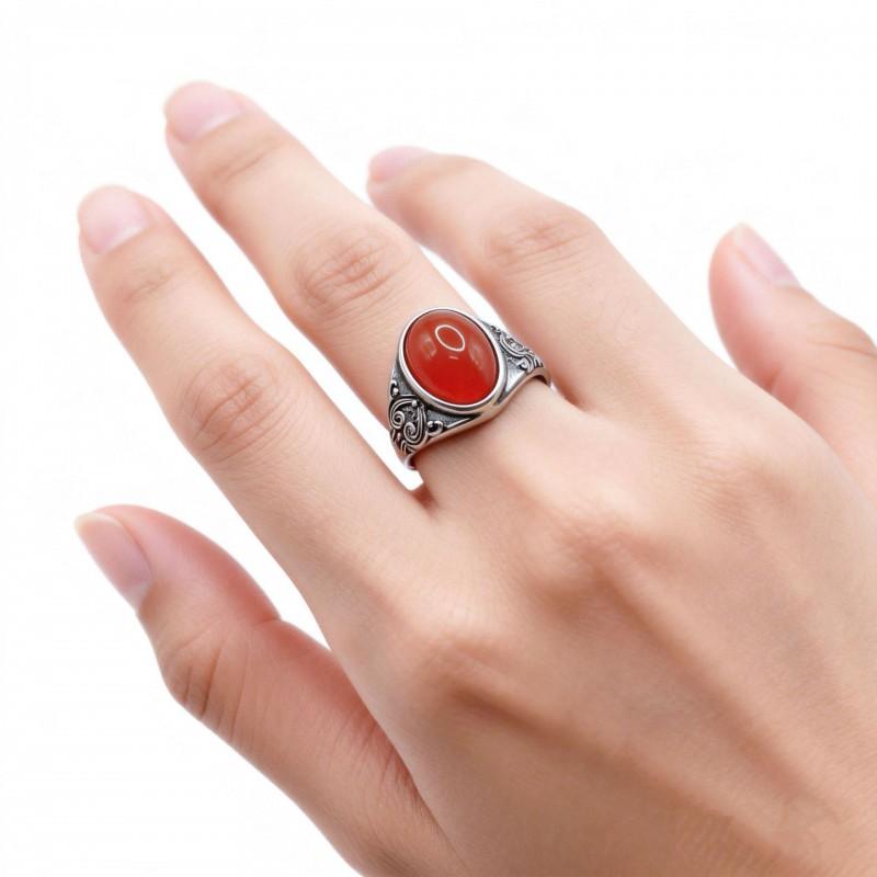 Adjustable Open Ring Women Men Copper Vintage Style Heart Oval Geometric Red Agate Statement Jewelry