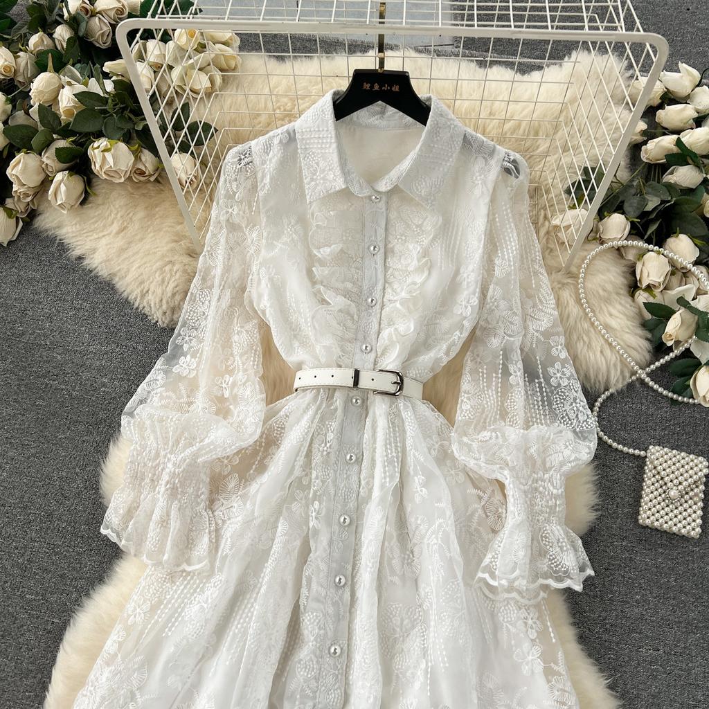 Women's Heavy Embroidery Ruffles Slim Fit Long Lace Dress