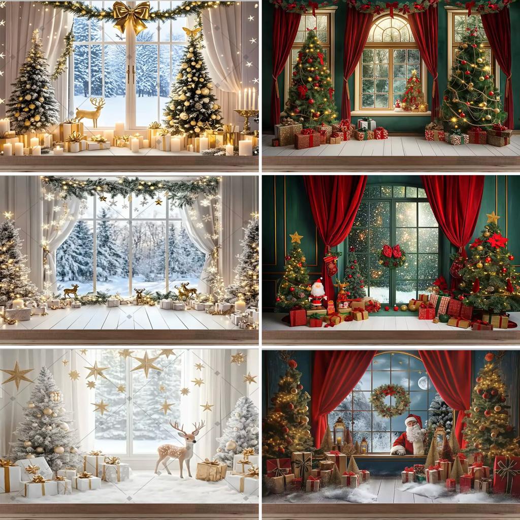 Christmas Red Curtain Decoration Backdrop Winter Snow Scenery Fireplace Santa Claus Photography Backdrop Holiday Party Supplies