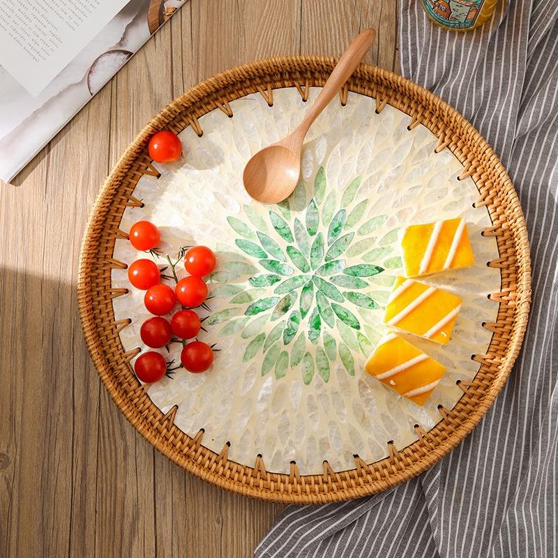 Color Shell Jewelry Cosmetics Food Teacup Storage Trays Handmade Rattan Fruit Dessert Bread Pans Round Rattan Decoration Trays