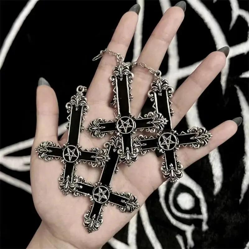 Retro Punk Inverted Cross Five-pointed Star Black Charm Witch Dangle Earrings for Women Gothic Infidels Hallowmas Jewelry Gifts