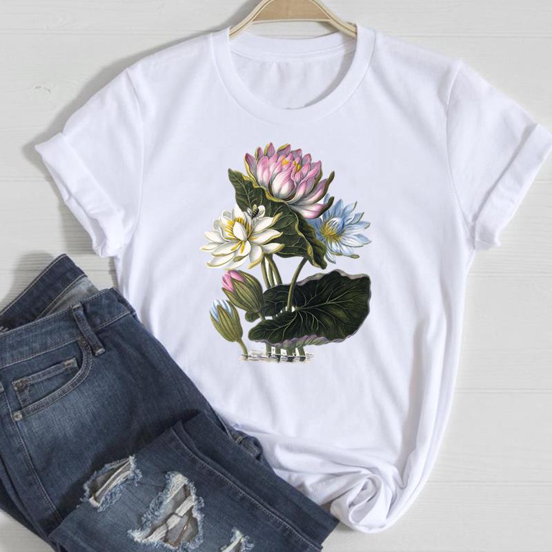 

(European Size) 90s Cute Women Print Tee Flower Trend Trend Sweet Top Clothing Fashion Tshirt Lady Female Casual Short Sleeve Graphic T-shirt 4XL
