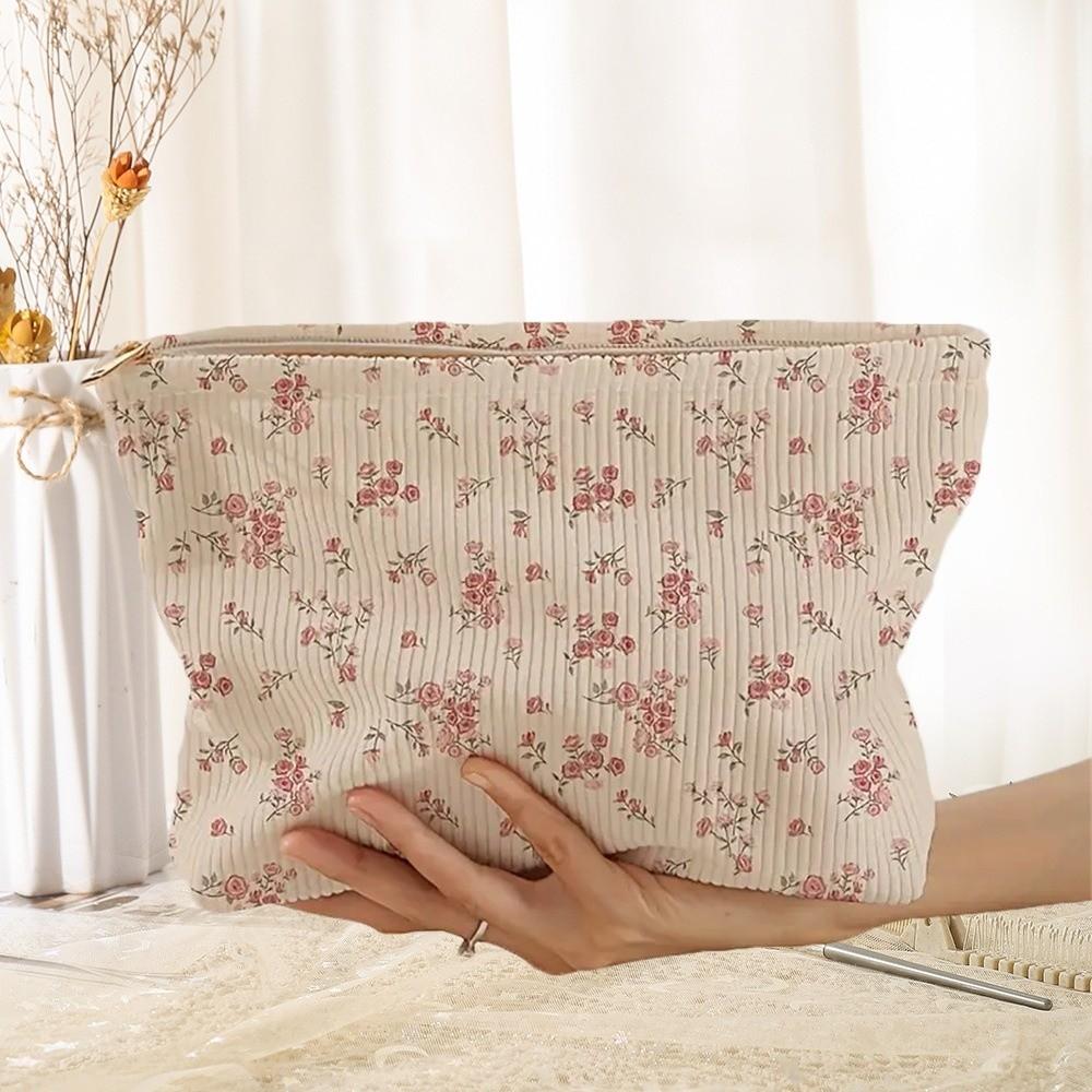 New Portable Floral Cosmetic Bag Corduroy Lightweight Zipper Makeup Organizer Multifunctional Large Capacity Storage Bag Travel