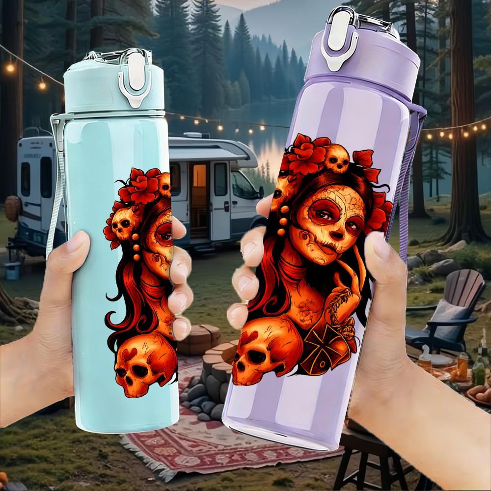 1PC Woman Head Color Art Portrait Print 750ml Color Plastic Sports Water Bottle Leakproof Flip Straw Lid Suitable for Sports Office Home Use