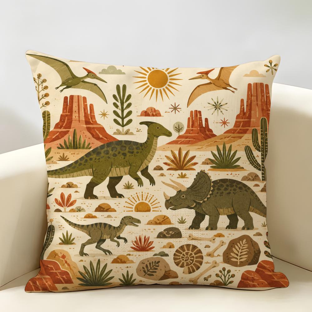 Dinosaur Retro Dino Cushion Cover Natural Linen Organic Fabric Double-Sided Printing Breathable Perfect For Home Decor