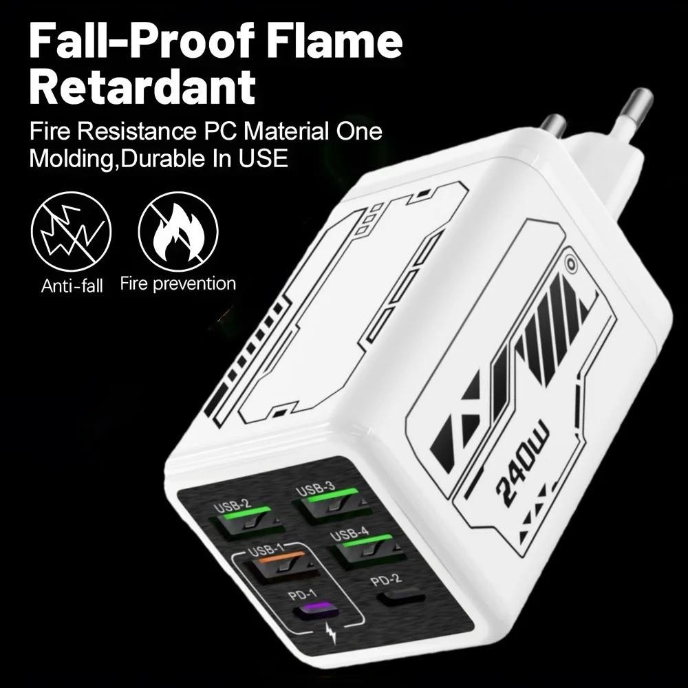 USB A+C 240W Charger Plug 6 Ports USB C Charger Phone Charger Adapter for Huawei/Xiaomi/Samsung
